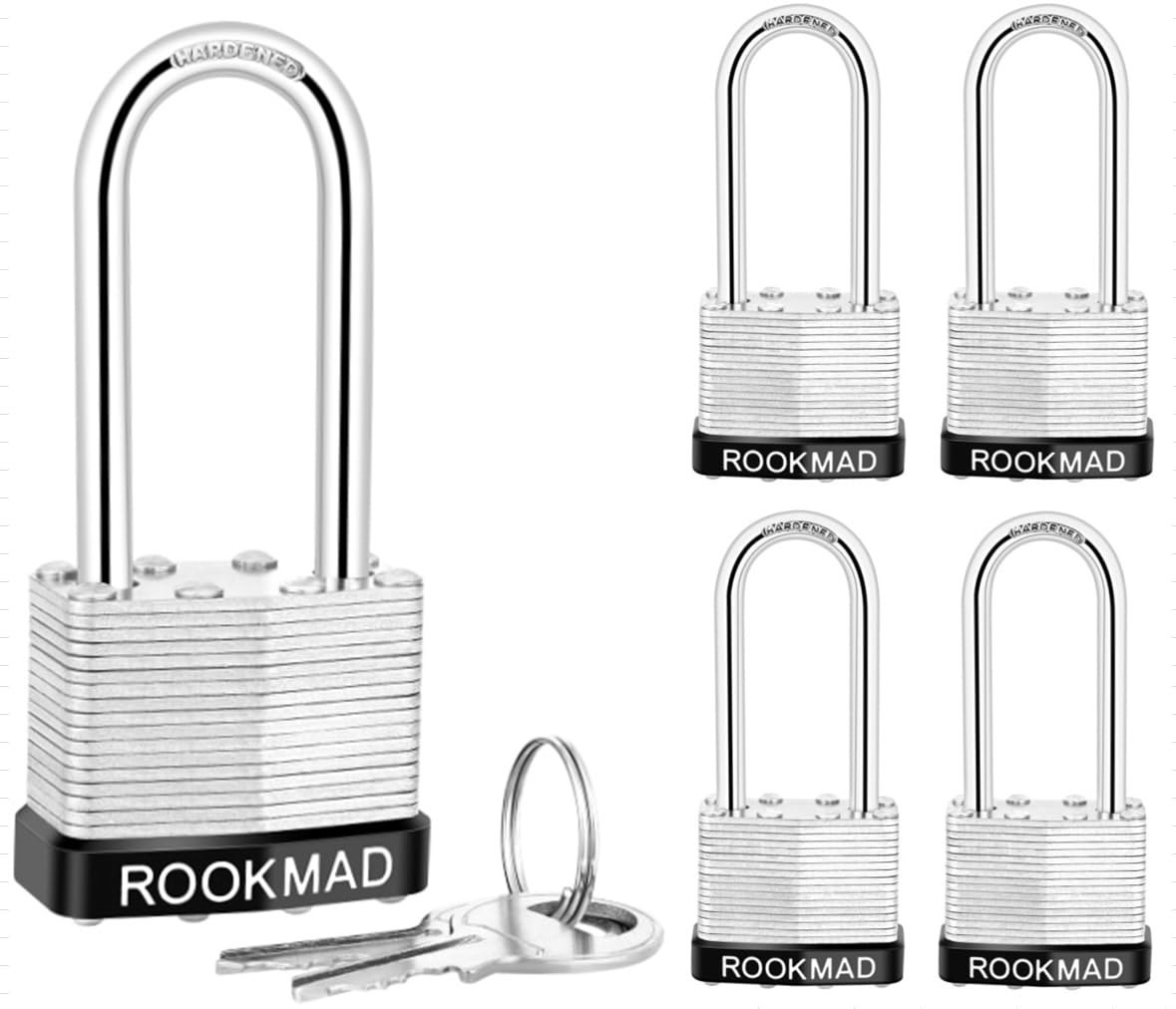 RookMad Keyed Padlocks, Laminated Steel Padlock, Keyed Alike Locks with Same Keys, Long Shackle, PE Plastic Hoop, This Pad Lock with Eco-Friendly Materials, 5 Pack