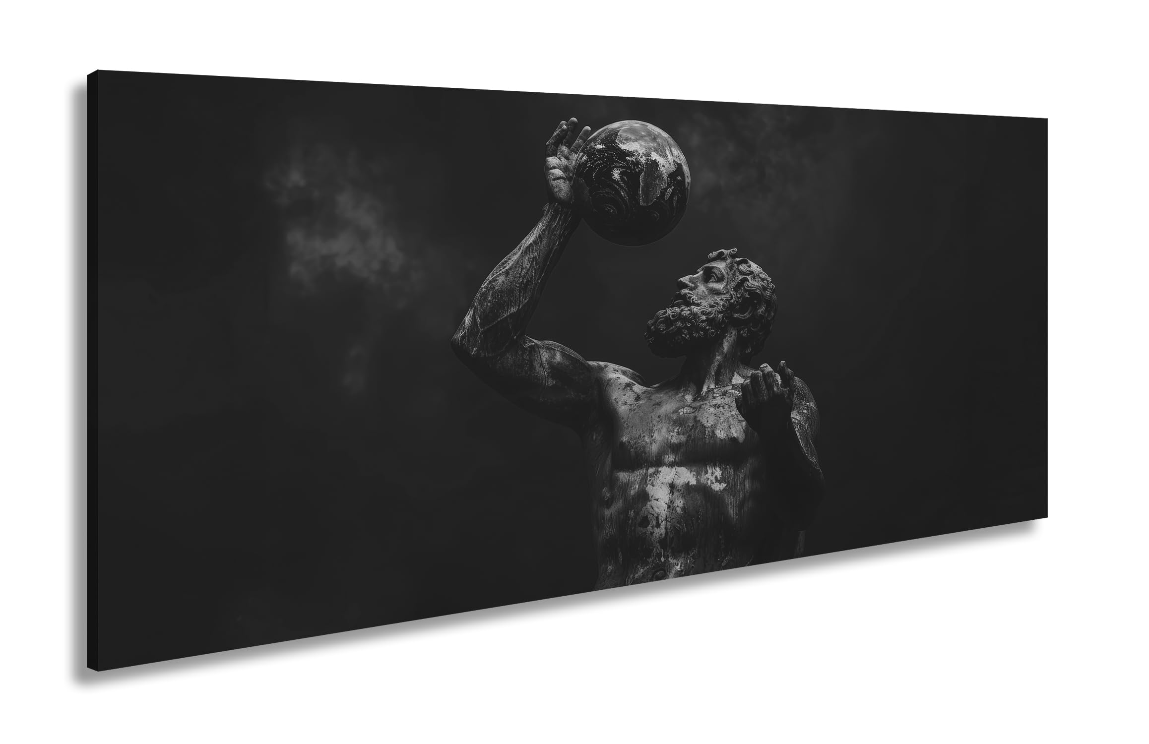 Impression sur toile Atlas élevant le monde - Force dans l'éternité bronzée - Panorama 120 x 60 cm - Effet : noir et blanc XXL - Impression d'art sur châssis - Décoration de salon
