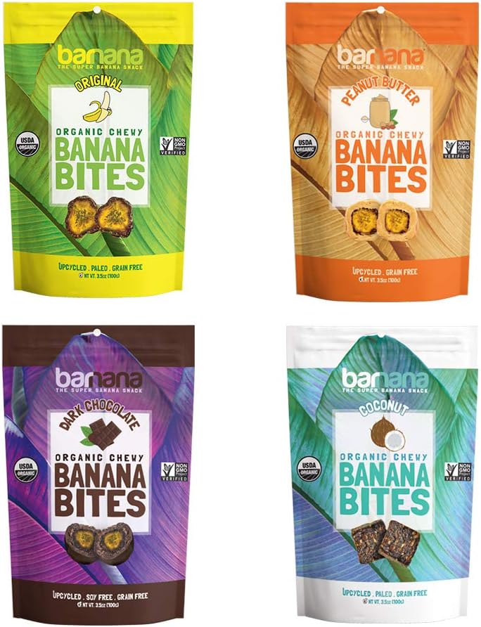 Barnana Organic Chewy Banana Bites - Variety Pack - 3.5 Ounce, 12 Pack Bites - Healthy Vegetarian Banana Fruit Snacks - Made with Sustainable, Eco Friendly Upcycled Bananas