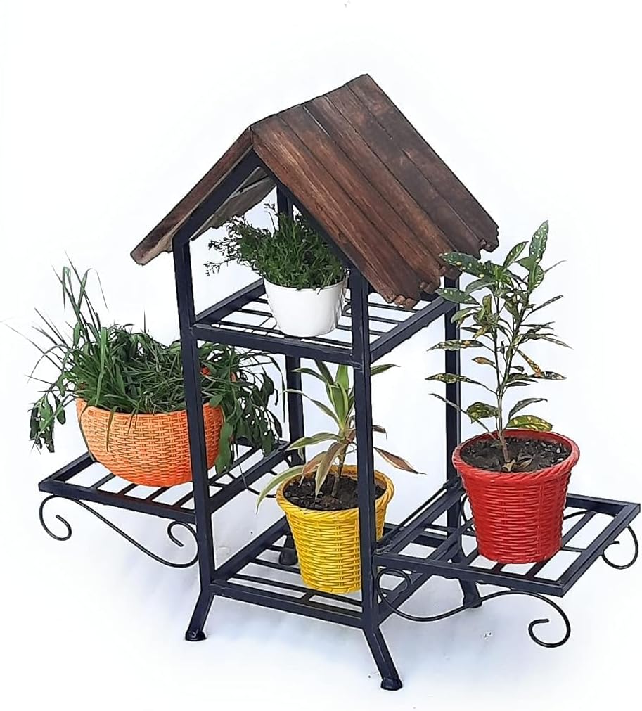 HOUSE PLANT Garden Cart Display Rack Plant Stand, Metal Plant Stand Holder with 4 Tier Shelves for Indoor Outdoor Home Balcony Garden in hut Shape, (4 Tier small)