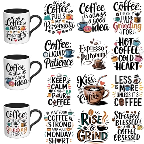 Elewins UV DTF Stickers 12 PCS Funny Coffee Quotes for Mugs Glasses Tumblers,High Viscosity Decals for Smooth Ceramic Metal Acrylic