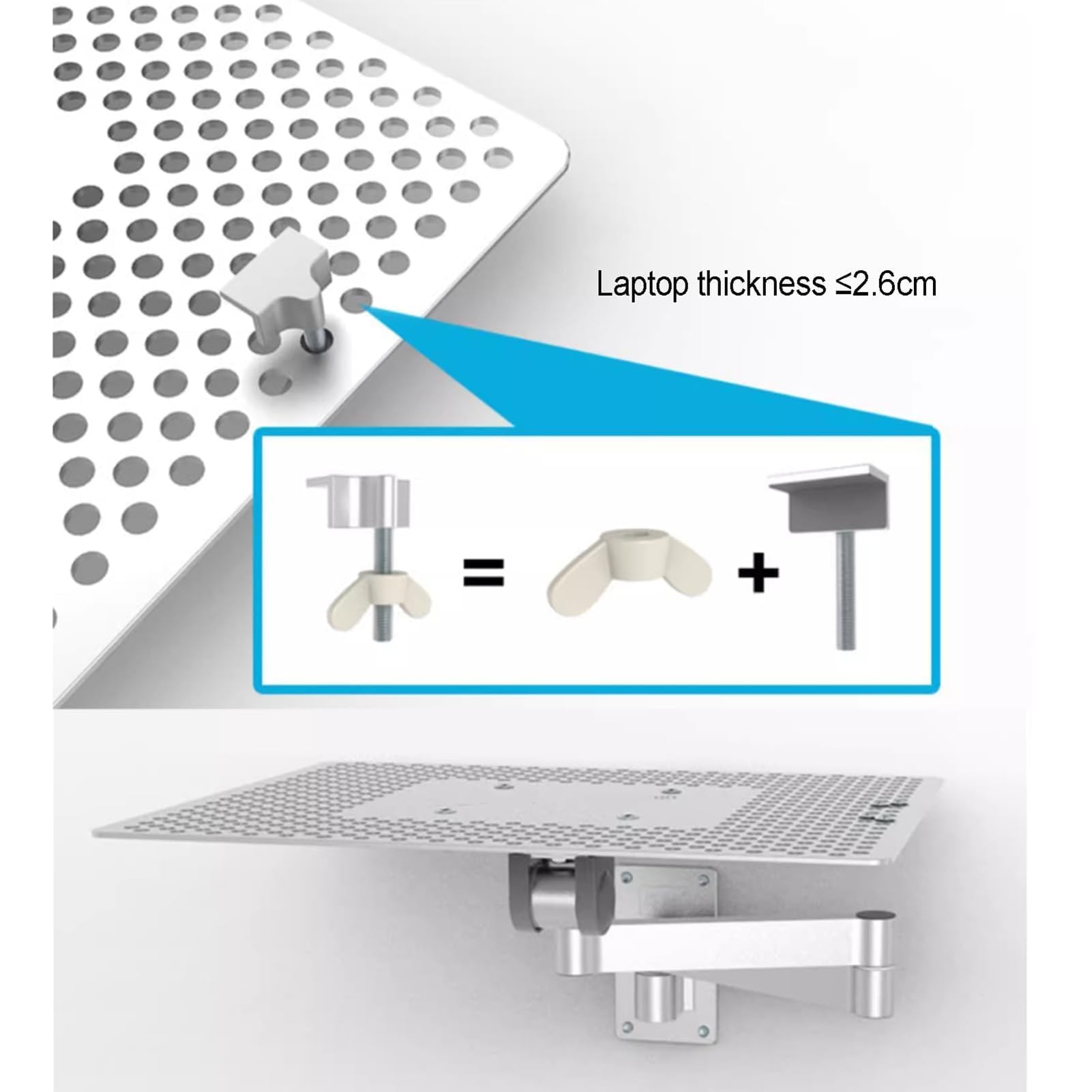 Supporto da parete regolabile per computer portatile, rotazione a 360°, piattaforma di raffreddamento ventilata, vassoio per mouse, portata 8 kg, per uso in ufficio e postazione di lavoro