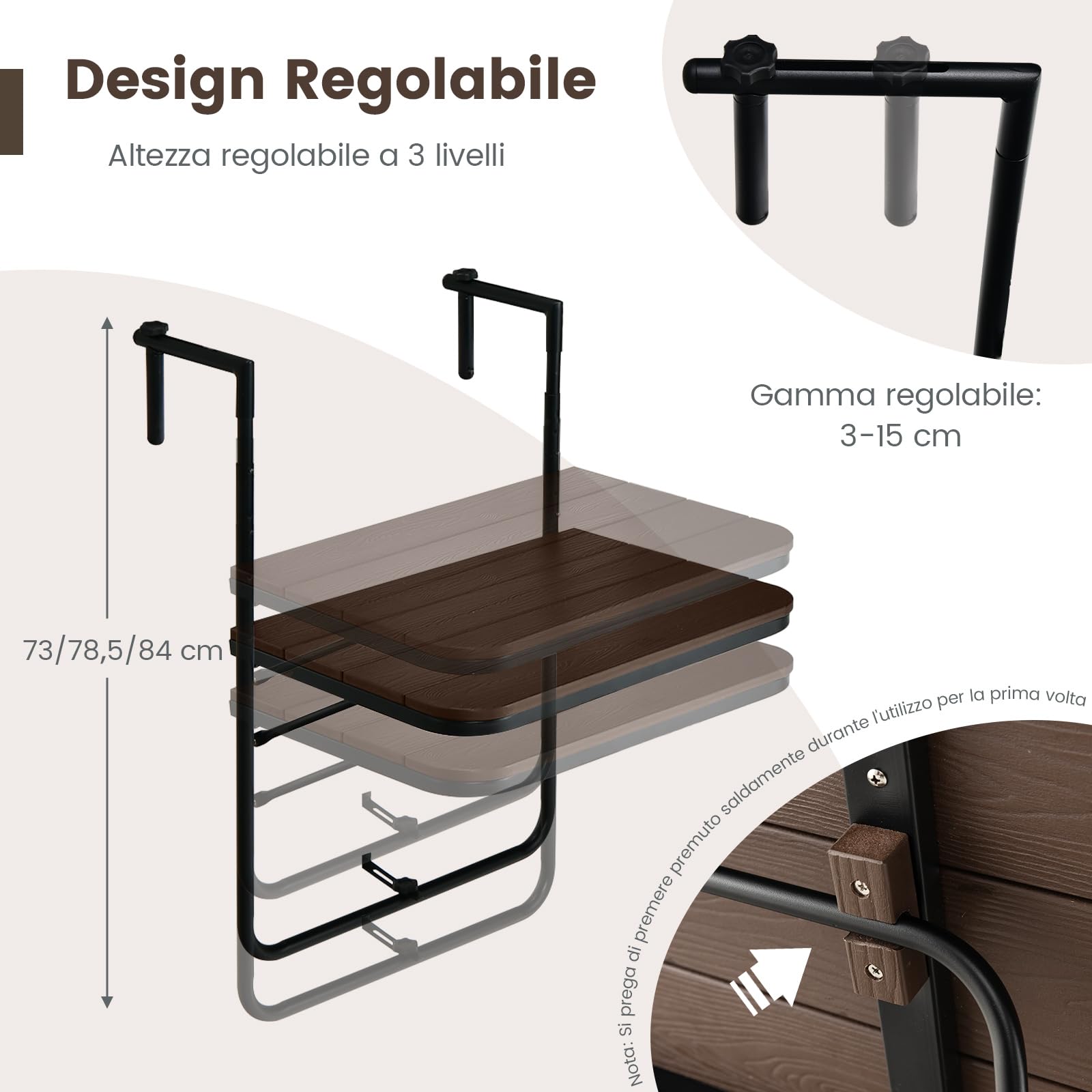 COSTWAY Tavolino Pieghevole da Balcone, Regolabile in Altezza, Tavolo da Appendere Adatto a Ringhiera da 3-15 cm, 62,5x60x84 cm, per Giardino Esterno Terrazzo (Marrone)