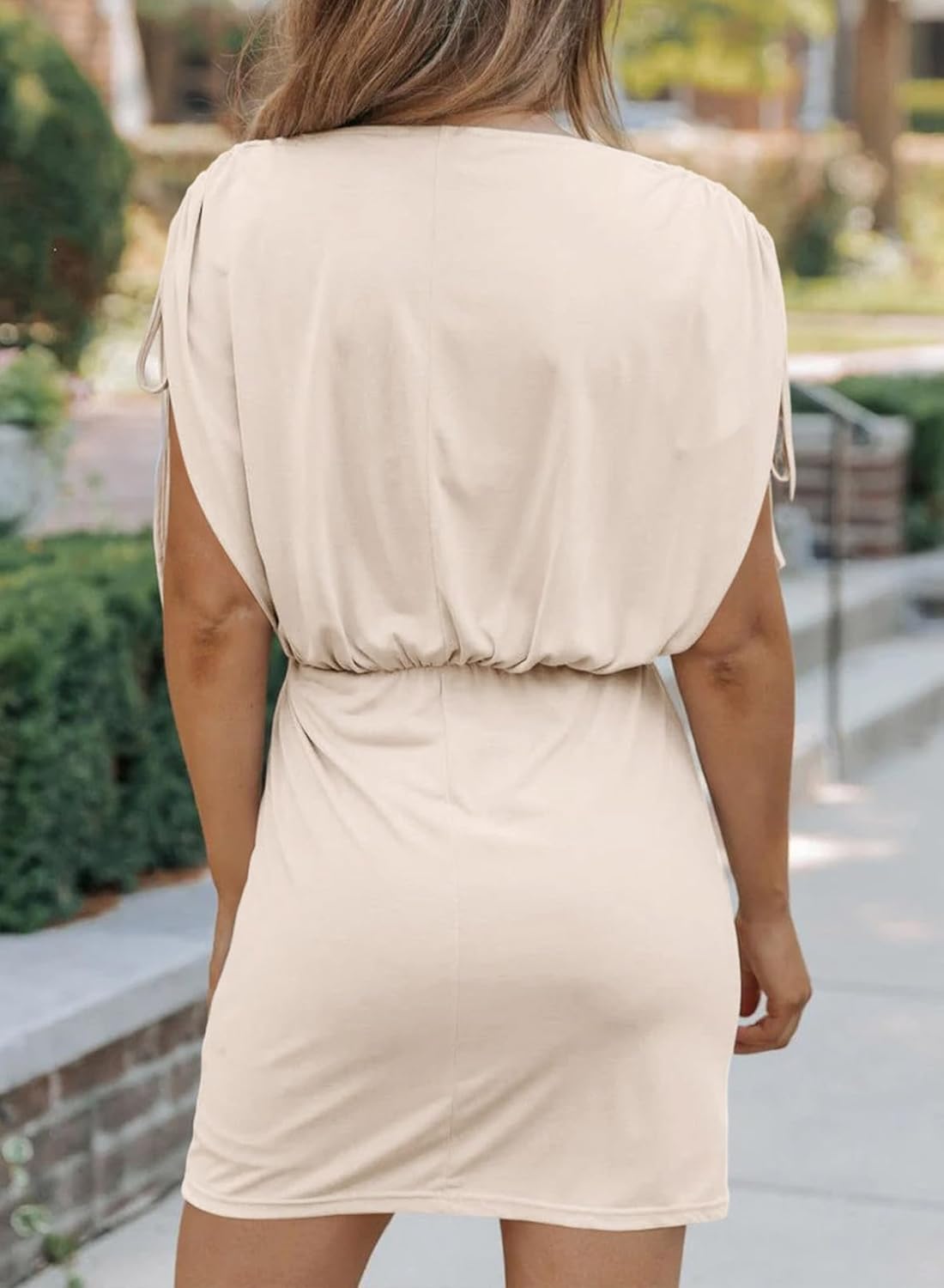 Dokotoo Womens 2024 Summer Dress Drawstring Cap Sleeve Crew Neck Wrap Bodycon Dresses Mini Short Dress - Image 4