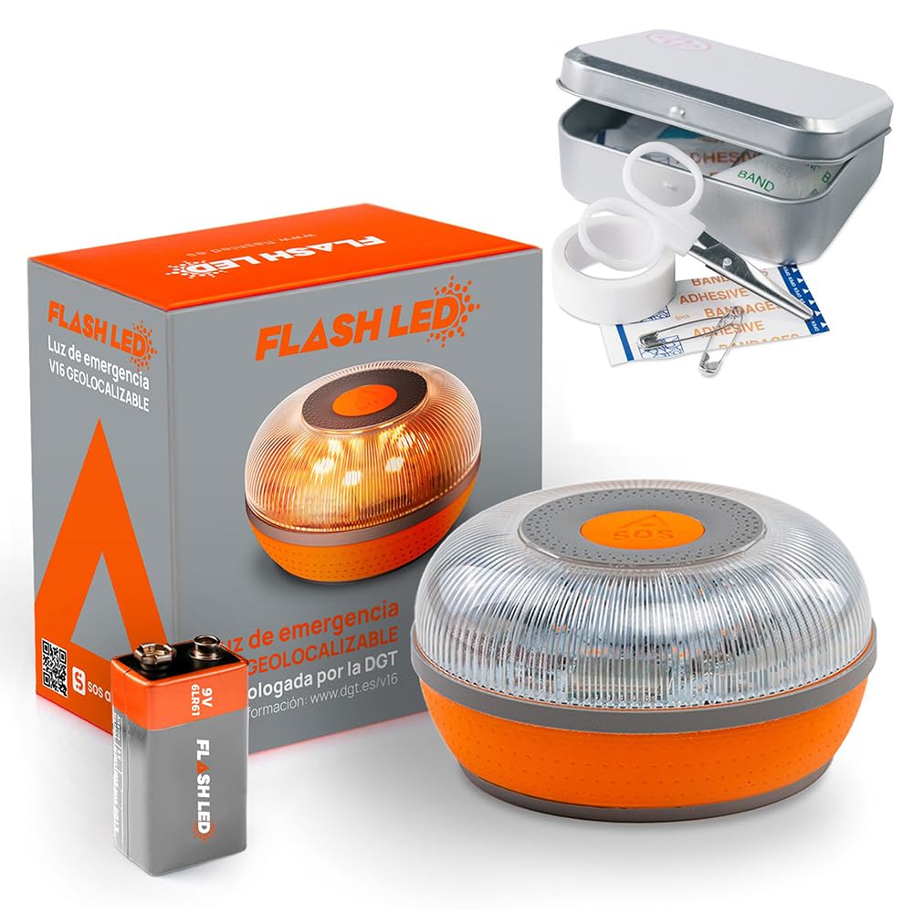 Flash LED SOS Luz de Emergencia V16 Conectada Homologada DGT 3.0 OBLIGATORIA, SIM y Servicio DE Datos Incluido hasta 2038, Base Imantada, Resistencia IP54 + Set Caja Mini Primeros Auxilios