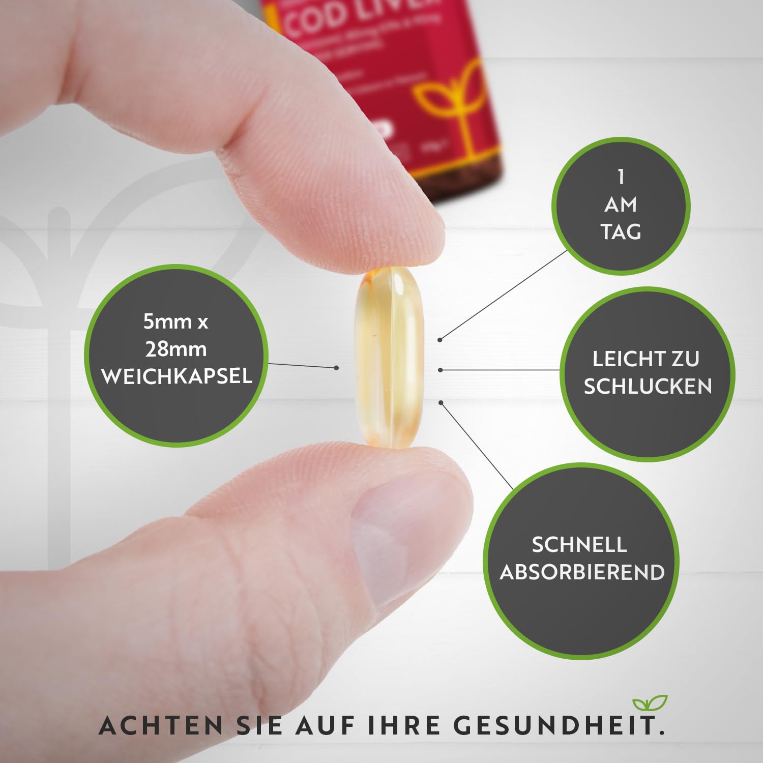 Lebertran Kapseln 1000mg - 365 Fischöl Kapseln - Hochwertiges Fish Oil - Hochdosiert Cod Liver Oil + Omega 3, Vitaminen A, D & E - Unterstützt die Herz- und Gehirngesundheit - Nutravita