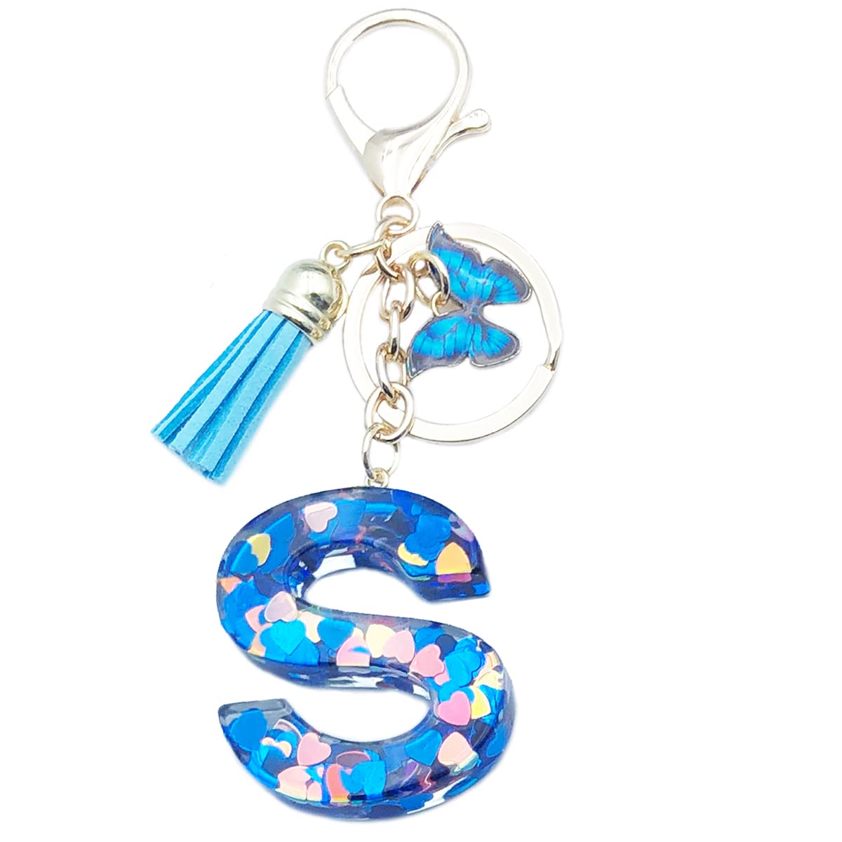 Xsclpomddy Frauen Alphabet Buchstaben Schlüsselanhänger Niedlich Schlüsselanhänger Glitzer mit Schmetterling Quasten Harz Blau Keychain für Tasche Charme