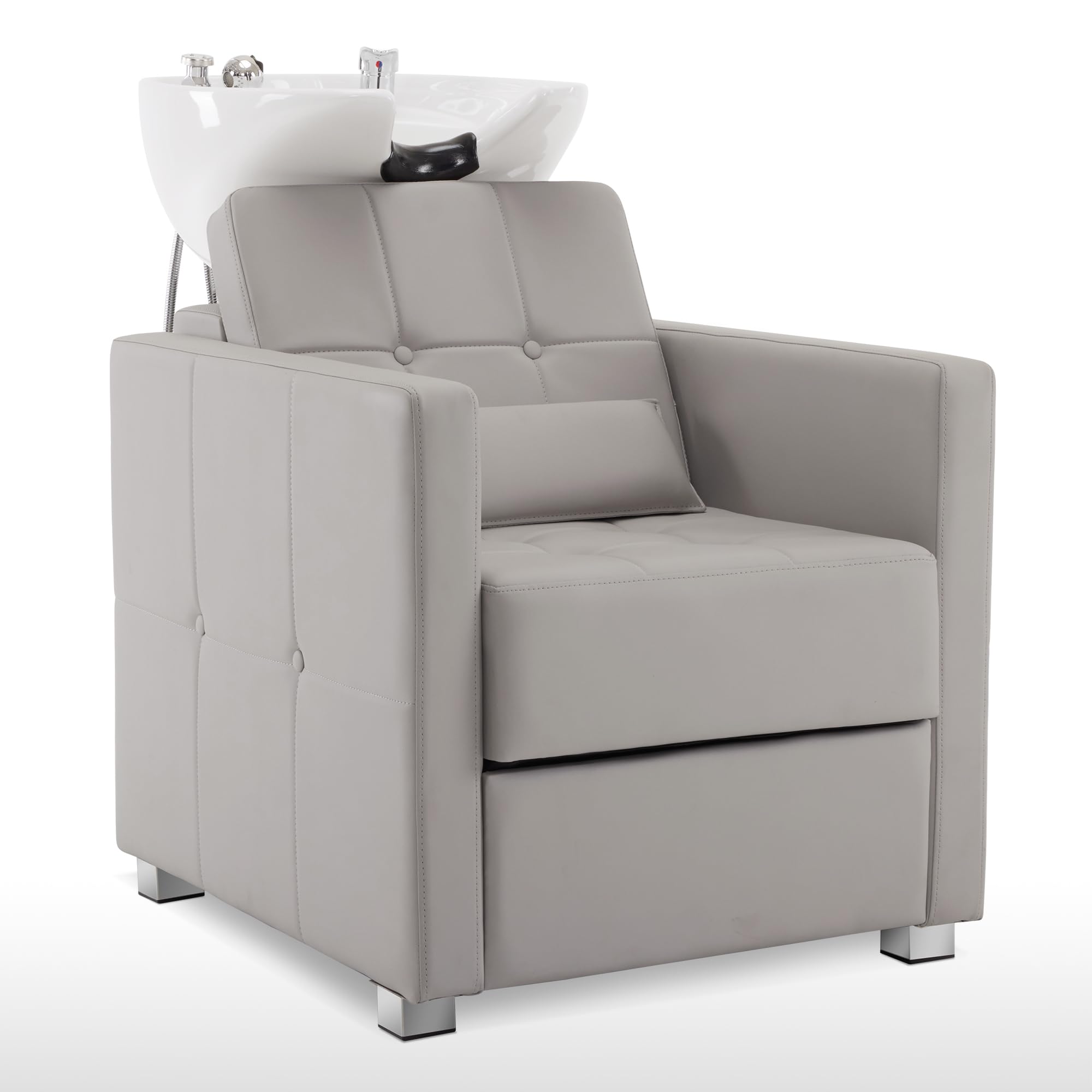 BarberPub Backwash Shampoo Station Chair, Adjustable Porcelain Ceramic Hair Wash Bowl, Vacuum Breaker, Professional Shampoo Chair and Bowl Unit for