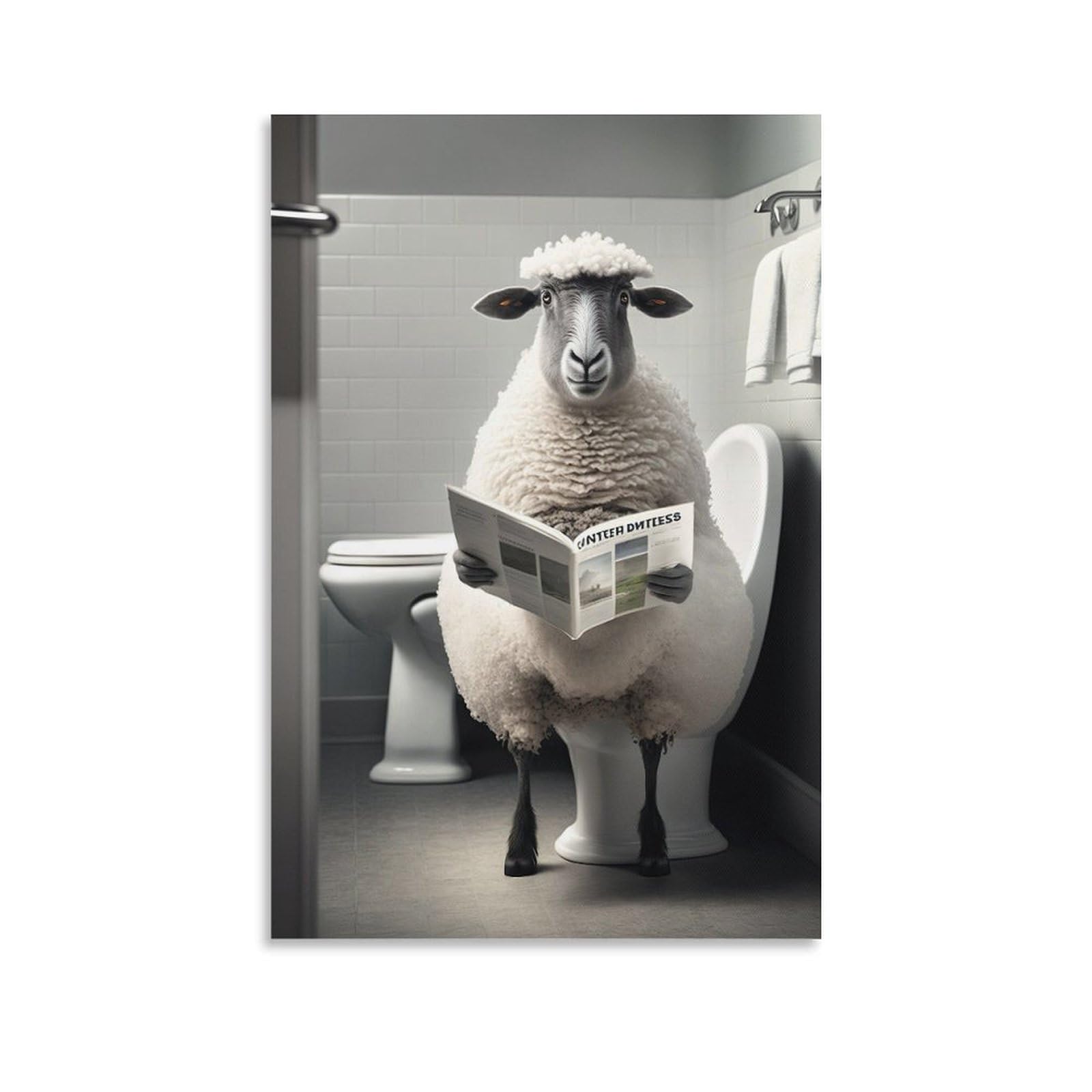 Qzfncoyu Unframe-Style Sheep Sitting On The Toilet Reading A Newspaper, Funny Poster, Funny Sheep Art Poster Canvas Poster Bedroom Decor Landscape Office Room Decor Gift 12X18inch(30X45cm)