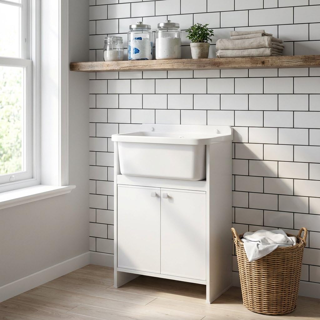 Lavatoio salvaspazio bianco 55x34x80H cm con vasca e scarico