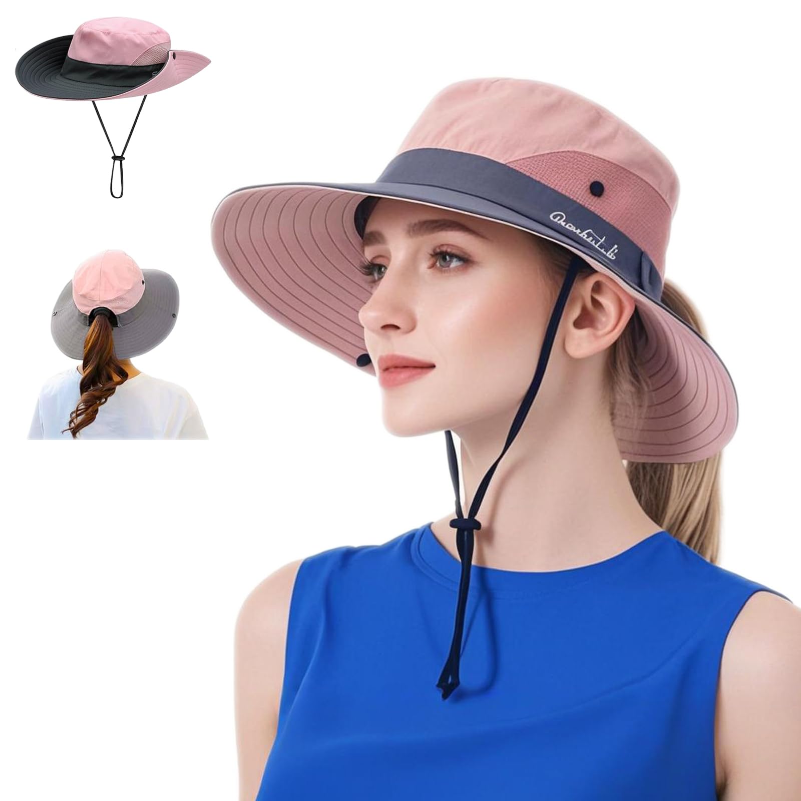 Women's Sun Hats UPF 50+ Ladies Wide Brim Sun Hat with Back Hole for Pony Tail Adjustable for Big Heads UV Protection Hats Breathable Packable Bucket Hat with Chin String