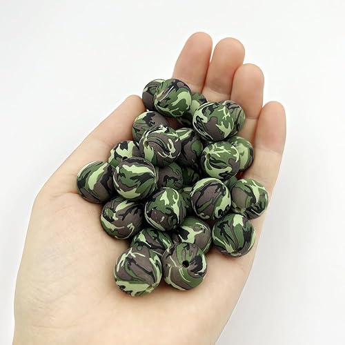 Miniatura 6 de 30 cuentas de camuflaje de silicona, cuentas verdes impresas de 0.59 pulgadas (0.591 in), cuentas pintadas de colores de silicona espaciadoras para