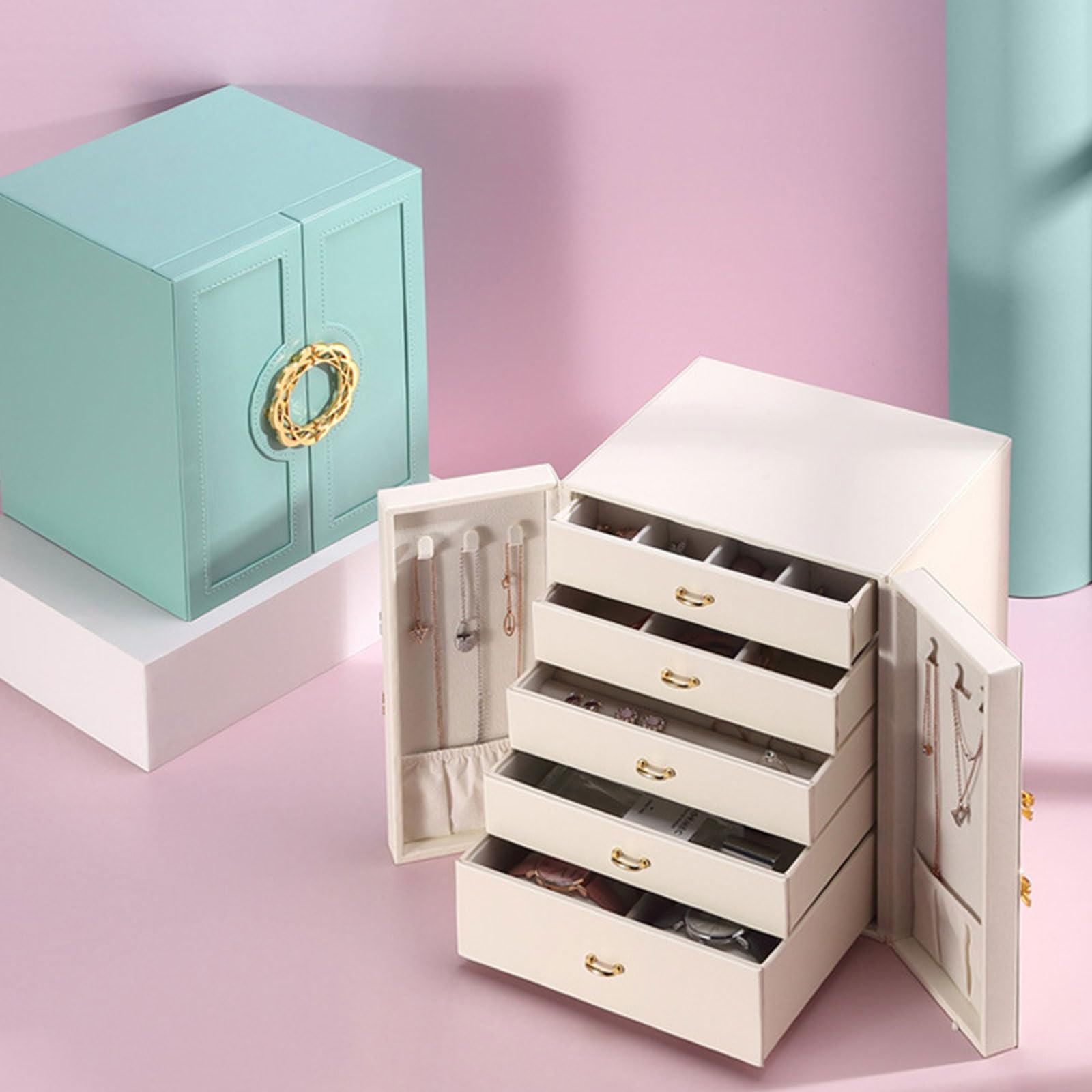 Elegante soporte para joyas con terciopelo para accesorios interiores, caja de gran capacidad para anillos, aretes, collares, relojes, organizador de joyas