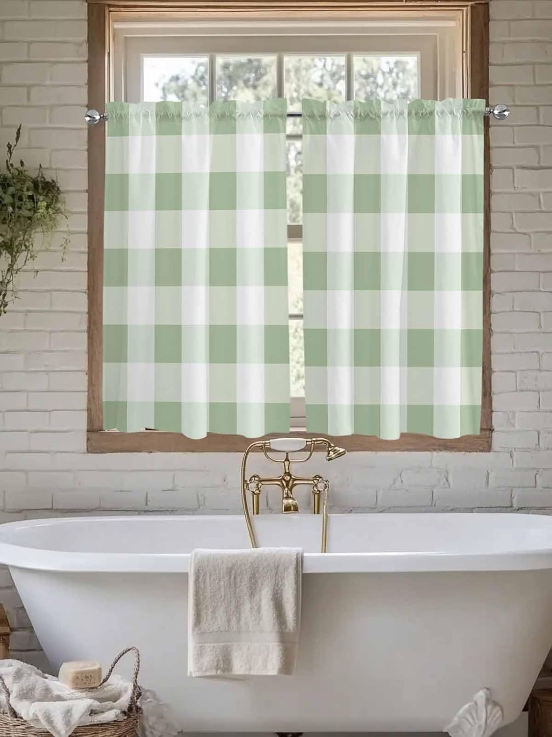 Sage Green White Buffalo Check Tier Curtains 45 Inches Long, Farmhouse Plaid Window Treatment Curtain Drapes, Modern Geometric Window Half Privacy Curtains for Bedroom Bathroom, 42"x45", 2 Panels