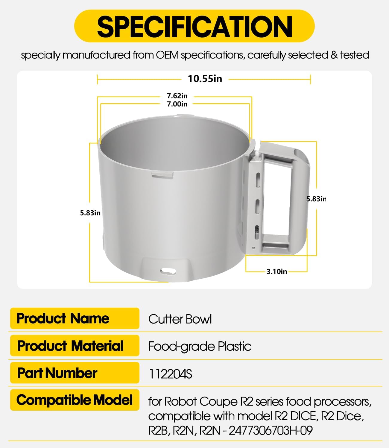 112204S Cutter Bowl Fit For Robot Coupe R2 3L Gb, R2 DICE, R2 Dice, R2B, R2N, R2N-2477306703H-09 Food Processor, 3 Quart Batch Bowl, Gray