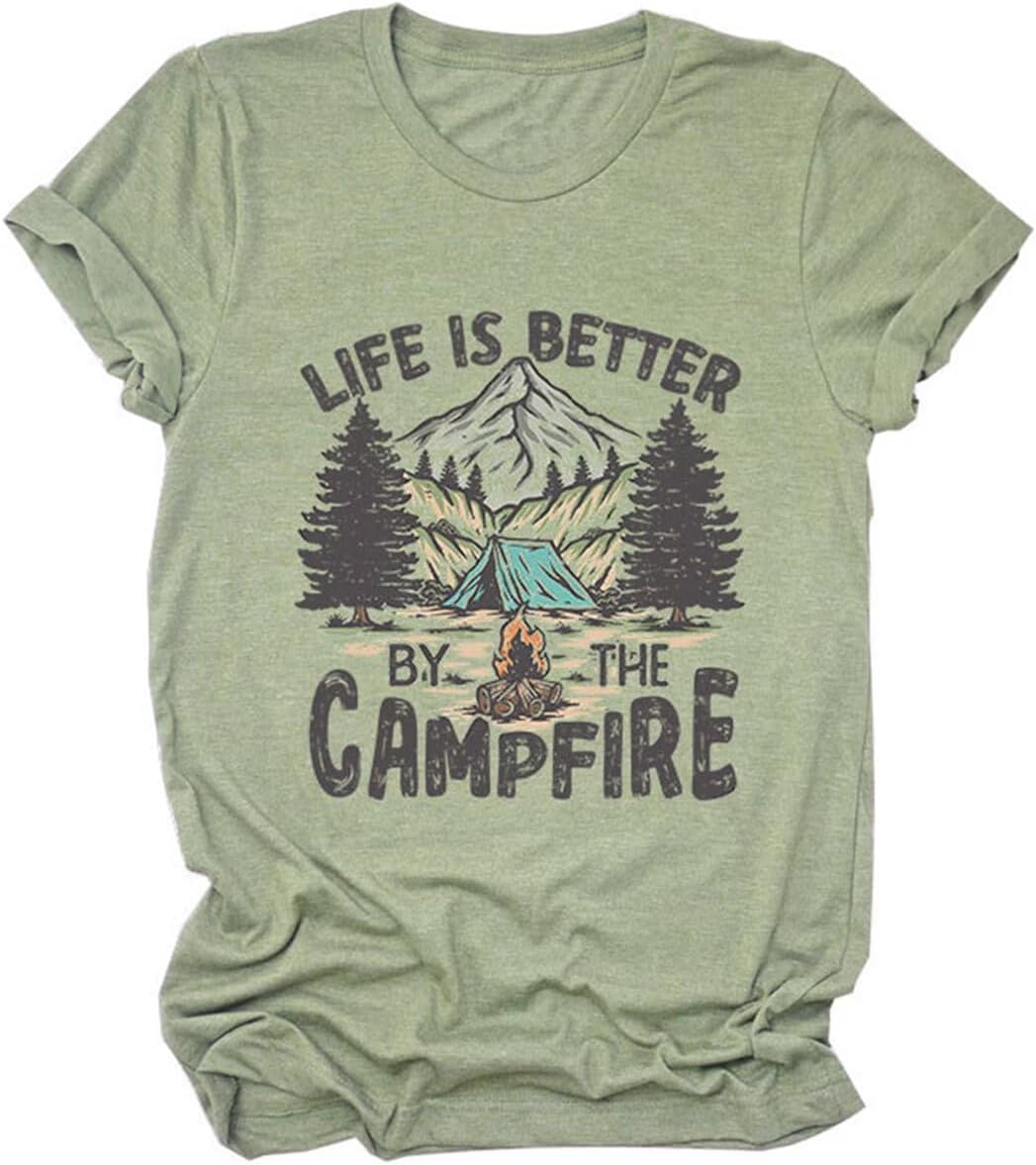 Camping Shirt Women Life is Better by The Campfire T-Shirt Funny Camper Camp Lover Casual Graphic Tee Top Crewneck
