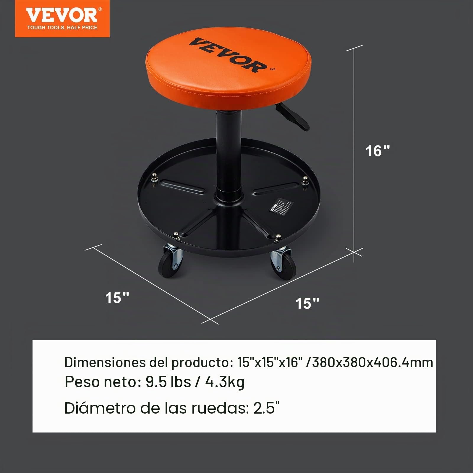 VEVOR Taburete de Taller Móvil Carga de 113,4 kg Taburete Mecánico con Ruedas Asiento de Taller Altura Ajustable con Bandeja de Herramientas Marco Resistente Cómodo Asiento Acolchado para Automóvil