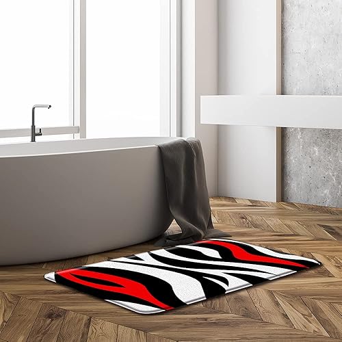 Tapete de baño con estampado de cebra de leopardo, rayas abstractas de mediados de siglo, líneas curvas negras y rojas, combina alfombra de baño,