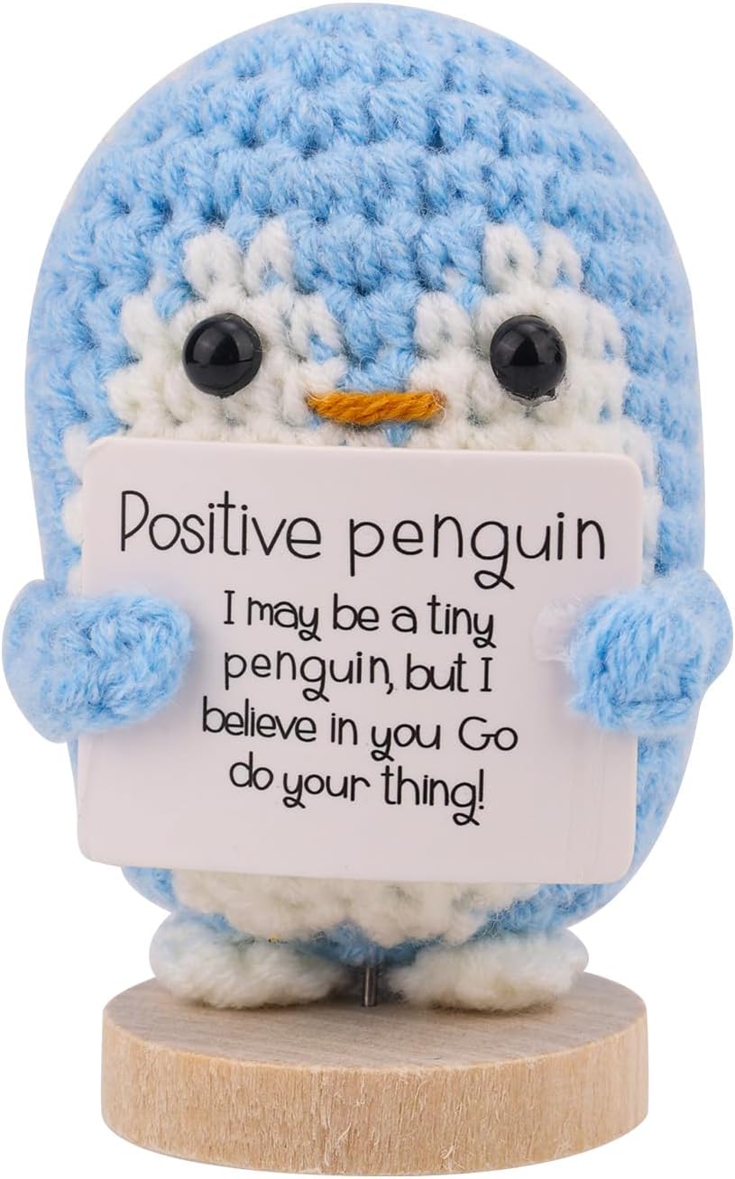 Funny Positive Penguin, Knitted Mini Blue Support Potato Cute Handmade Crochet Toy Doll With Positive Card Stand for Birthday Friends Encouragement Gift Party Decoration