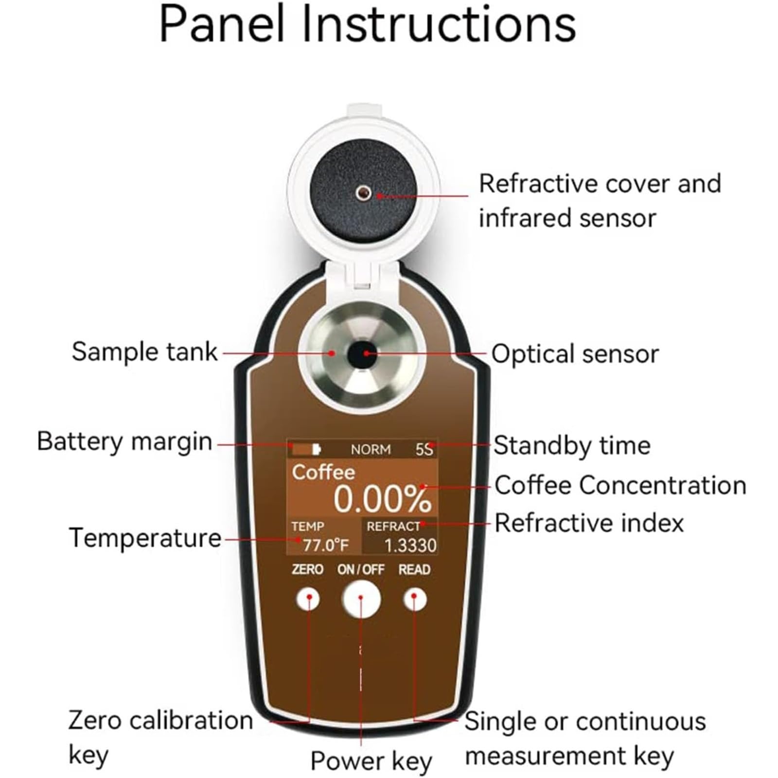 Medidor de café digital, probador de concentración de mano 0-25%, temperatura de almacenamiento -0.0-40.0 °C, función ATC, prueba múltiples muestras