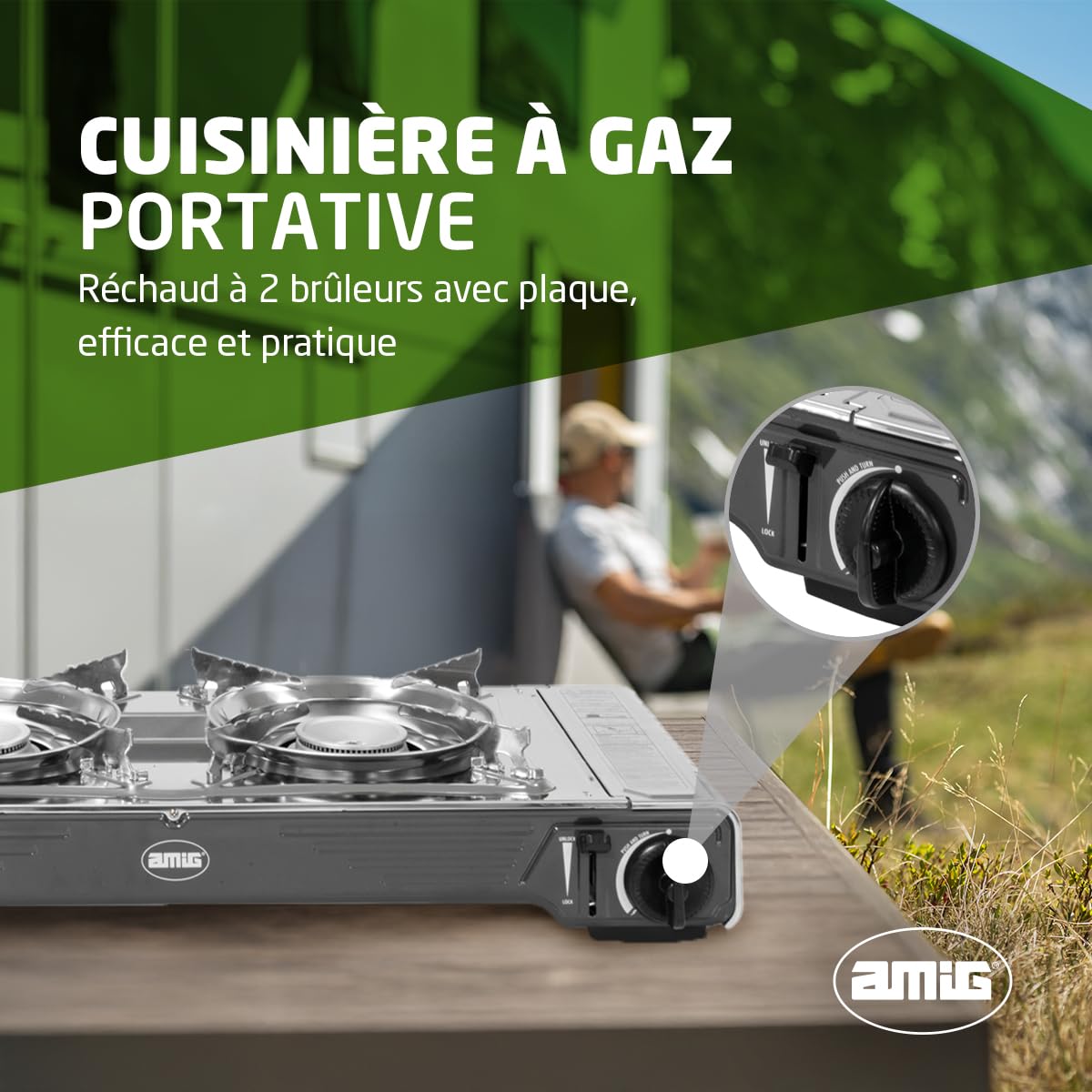 Amig - Réchaud de Camping CAMP02 - Cuisine Portable - 2X Brûleurs - Inclut Plancha - Grille en Fonte - Acier Inoxydable - Puissance 2,2 kW x 2 - Compatible avec Cartouches B-250