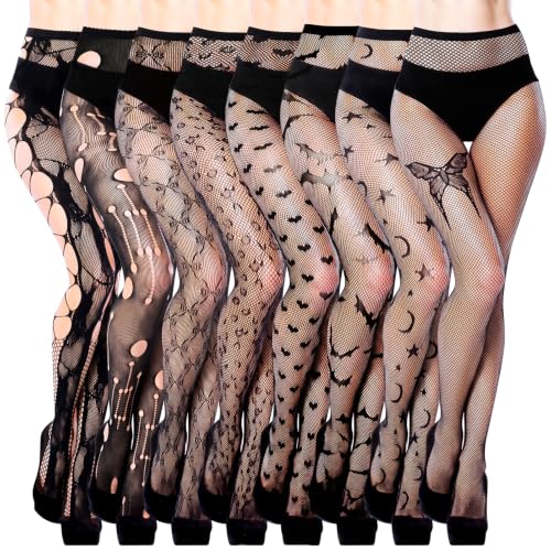 soxitoevy 8Pairs Women High Waist Fishnet Stockings Sexy Lace Black Tights