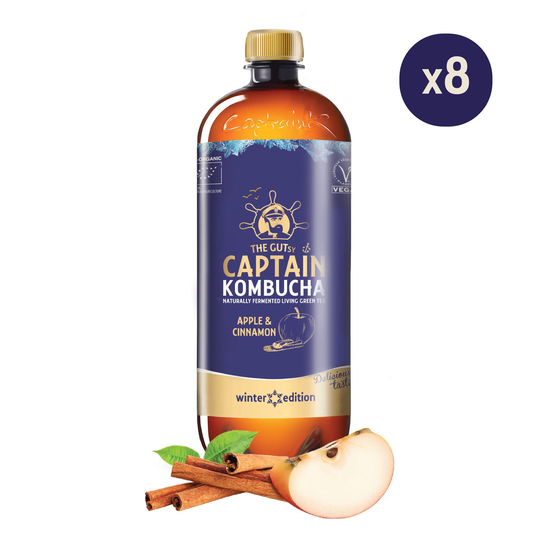GUTsy Captain Kombucha Winter Edition - Limited Edition Premium Kombucha Tee, Lebendige Kulturen, Keine Konservanten, Unpasteurisiert, Roh und Vegan - Winter Edition Apple and Cinnamon (8x1l)