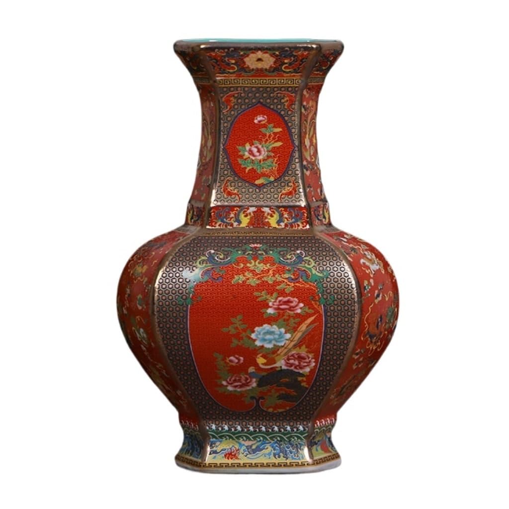 Vase Tabletop Flower Glass Ceramic With Enamel Flowers Blooming, Rich Hexagonal Antique Chinese Porcelain Ornaments Vase(G)-G-A(Red)