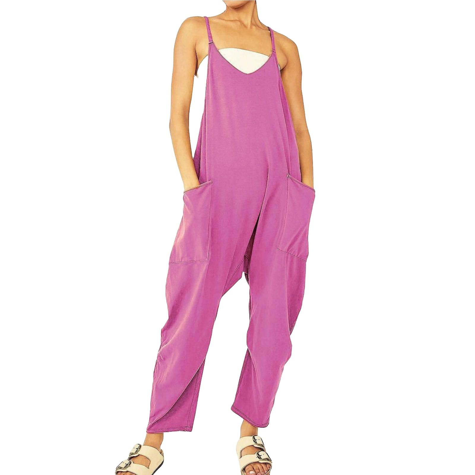 Women's Jumpsuit Sleeveless Spaghetti Strap Casual Summer Overalls Loose Wide Leg Beach Romper with Pockets