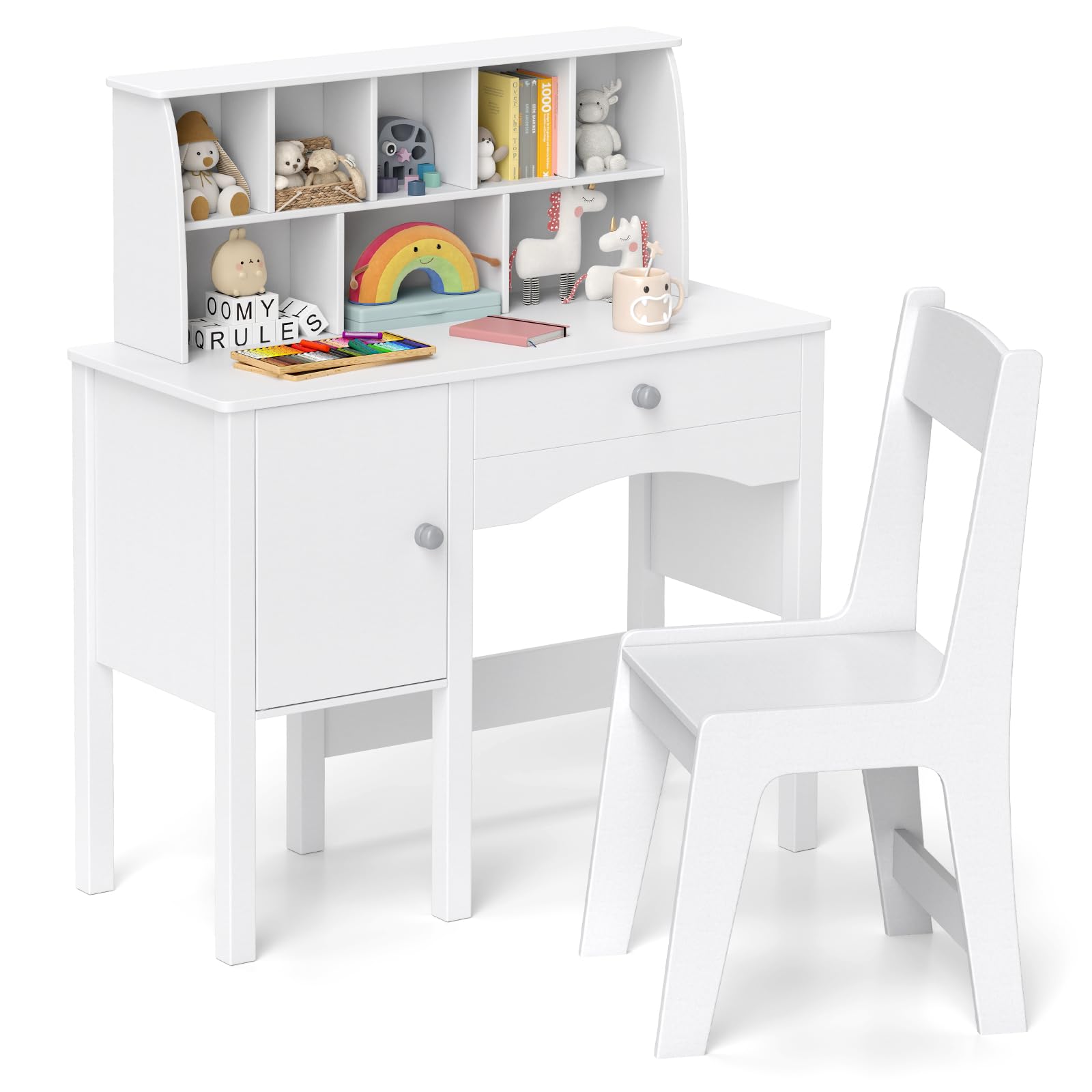COSTWAY Set Scrivania e Sedia per Bambini in Legno, Tavolo e Sedia per Cameretta con Cassetto, Ripiano e Armadietto, Scrivania per Bambini Età 3+ Anni per Computer