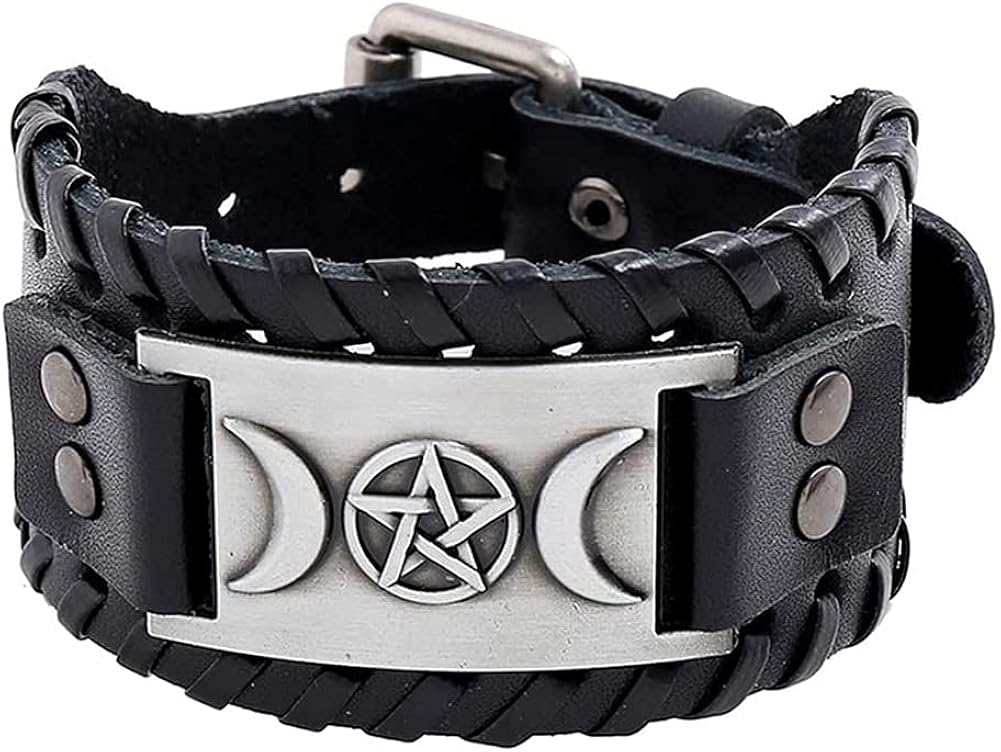 DFWY Nordic Viking Moon Pentagram Pulsera de Cuero Amuleto, Hombre Ajustable Buckle Cuero Trenzado Cuerda Pulsera, Estilo Gótico de la Edad Media Celtic Pagan Joyería