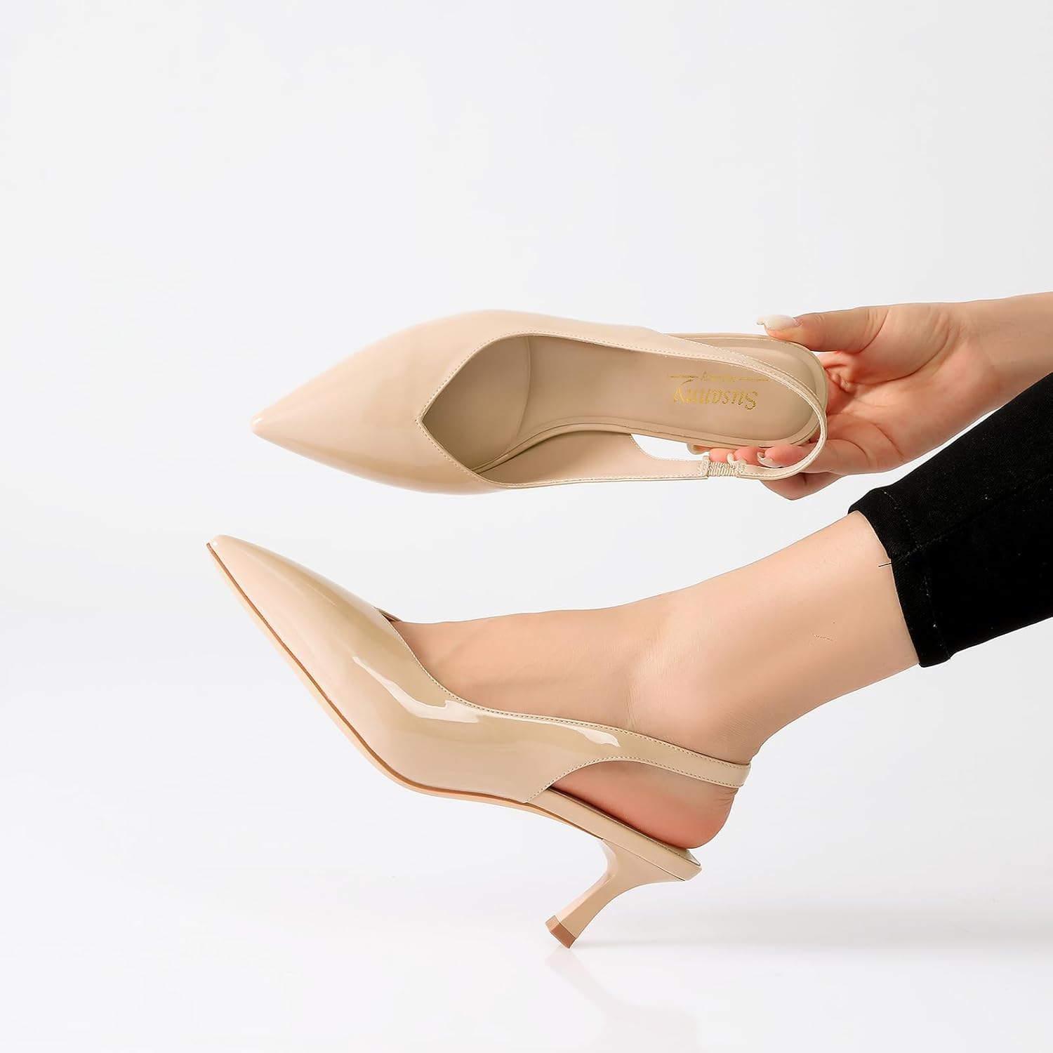 Susanny Kitten Heels for Women Closed Toe Heels Pointed Pumps Sexy Slingback Low Heeled Elastic Strap Comfort for Wedding Work Party Evening Prom Formal Dressy Shoes - Image 6