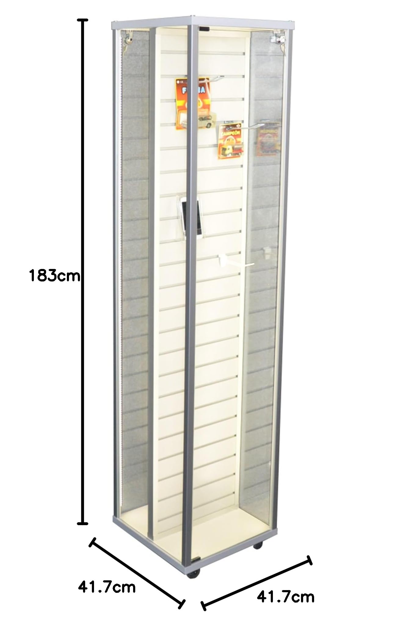 Displayvitrine & Ausstellungsvitrine 41,7 x 41,7 x 183 cm – abschließbare Glasvitrine mit Lamellenwand – Ideal für Handyzubehör, Fotozubehör, Schmuck & mehr – Ohne Beleuchtung