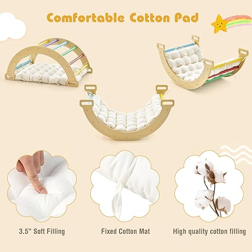 Miniatura 7 de INFANS Juguetes de escalada en arco 4 en 1 para niños pequeños, estructura de escalera Montessori de madera para escalar arco y balancín con