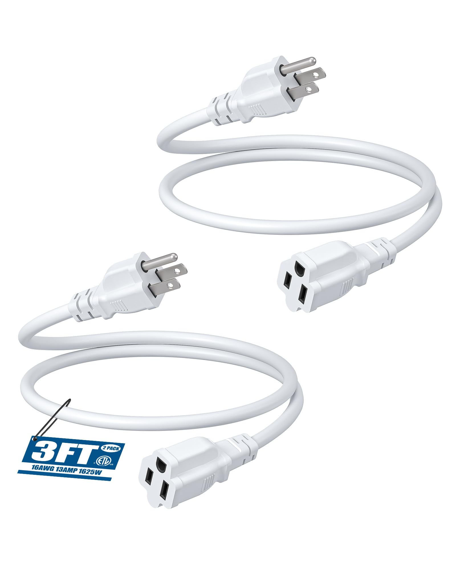 DEWENWILS 3 Foot Extension Cord, 16 AWG SJTW Weatherproof Power Cable for Indoor Use, 3 Prong Grounded Outlets Plugs, ETL Listed, White, 2 Pack