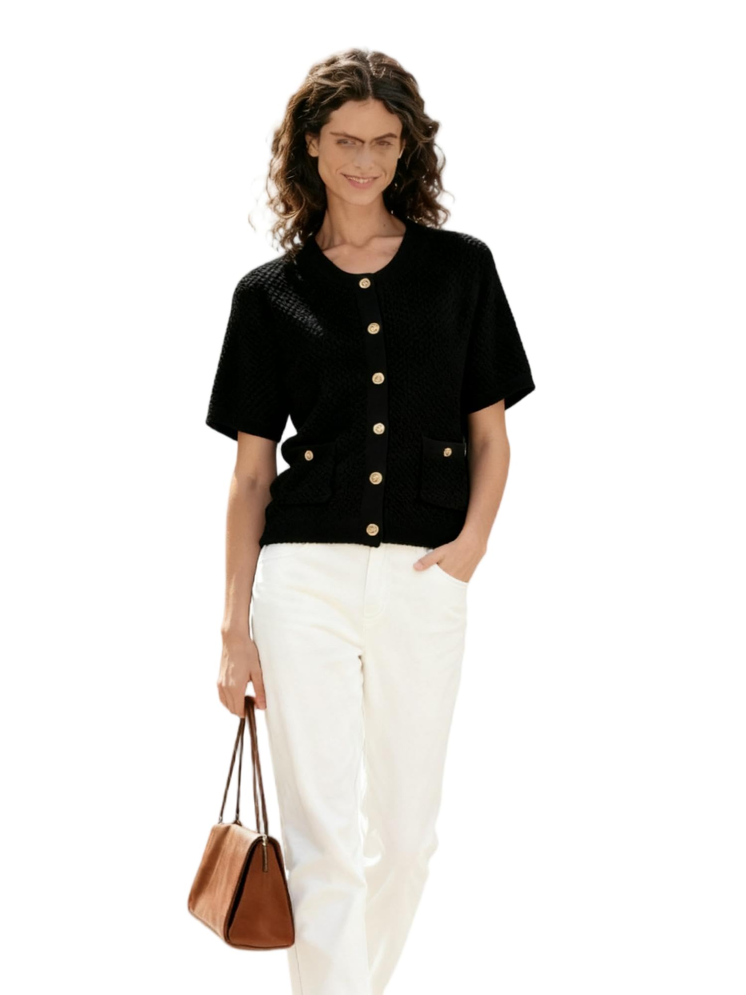 Womens Chunky Ribbed Short Sleeve Cardigan with Studded Details and Pockets