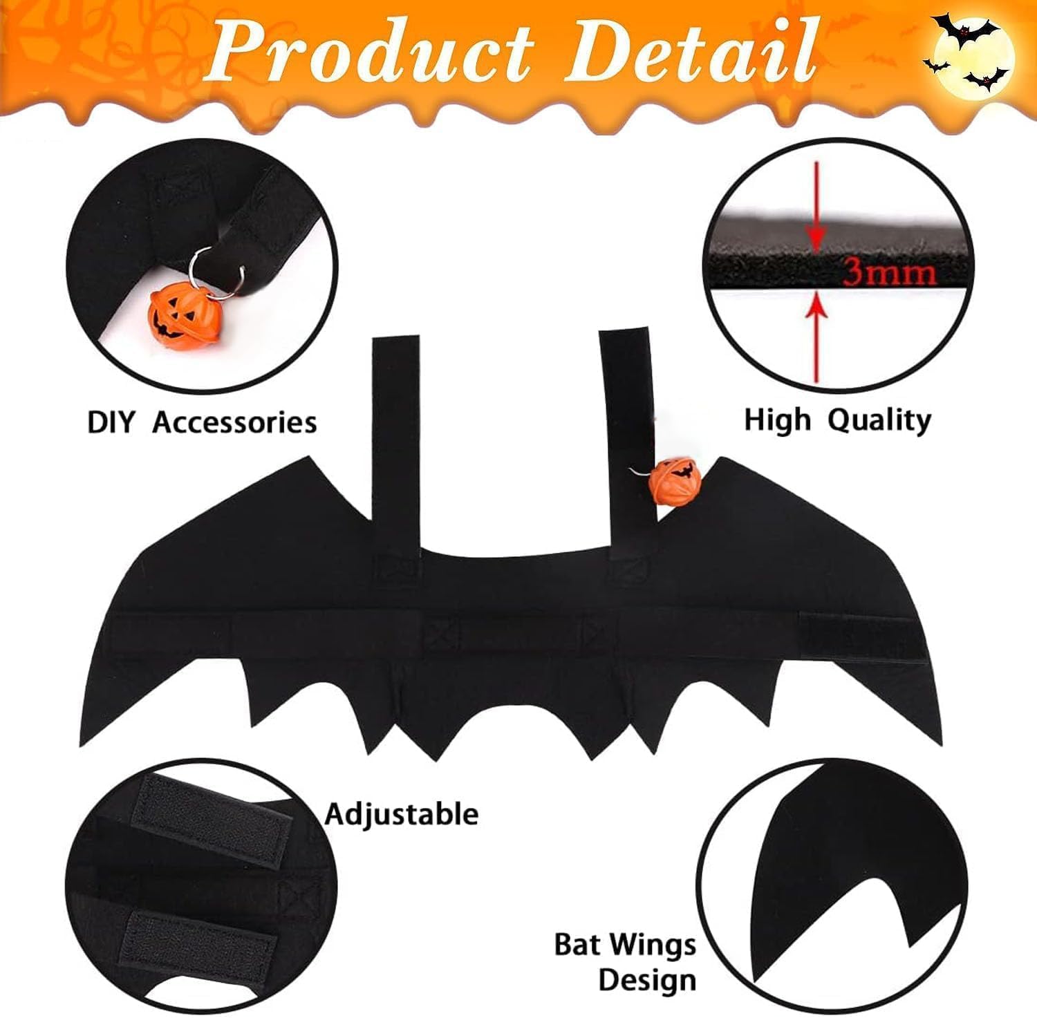 Halloween Cane Gatto per Animale, Cane Gatto Ali per Animali Domestici,Con Zucca Bells, Halloween Ali Di Pipistrello Da Compagnia,Domestici da Cosplay Costumi da Cani Gatti- Taglia M