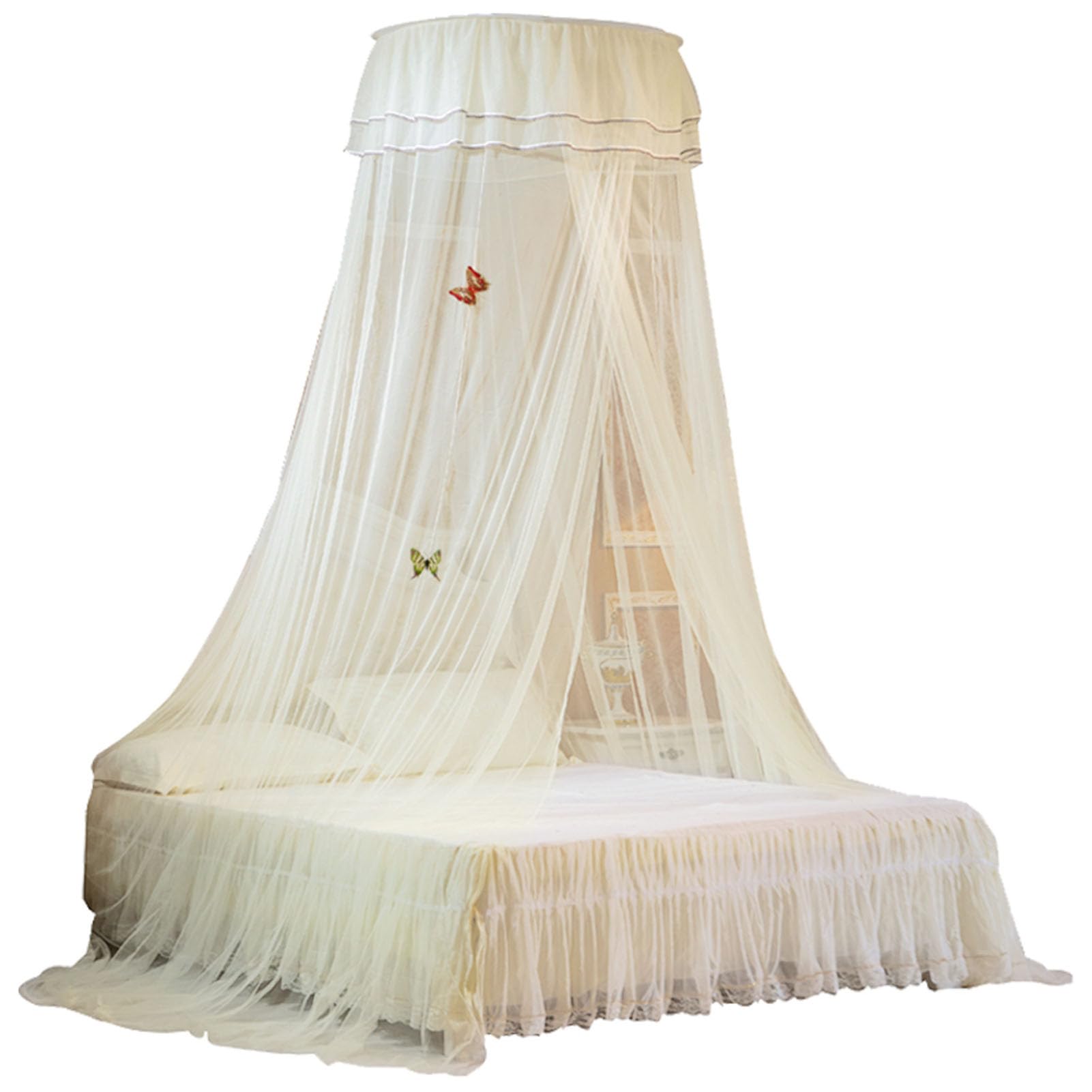 Universal Dome Bed Canopy Elegant Lace Curtain Princess Style Bedroom Decoration Easy Installation White (White)