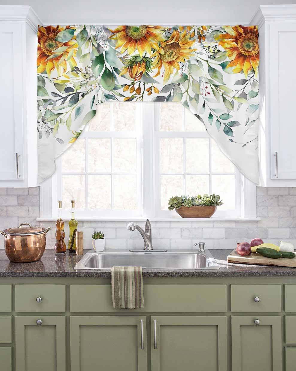 Kitchen Curtains Sets 36 Inch Length with Valance, Yellow Flower Sage Green Eucalyptus Leaves Swag Valances for Windows and Tiers Curtain Set, Rod Pocket Sunflower Drapes for Living Room, Cafes