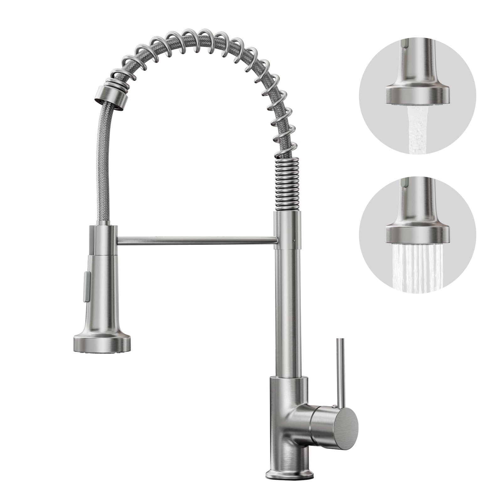 BESy Grifo de cocina níquel cepillado, mezclador fregadero de 2 funciones con ducha extractible, cuello alto de latón, giratorio de 360°, monomando de resorte para autocaravana.