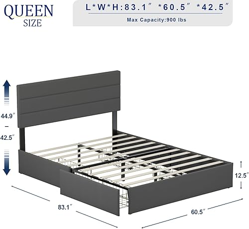 Miniatura 2 de Molblly Base de cama Queen tapizada con cabecero, 4 cajones de almacenamiento y cabecera ajustable, marco fuerte y soporte de listones de madera,