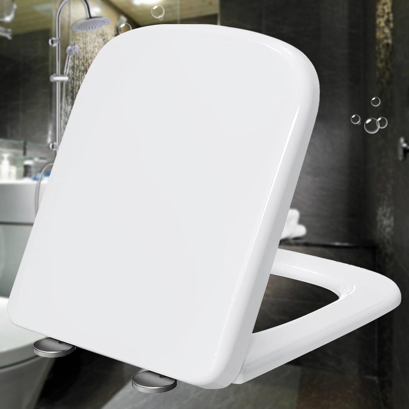 Asientos de inodoro cuadrados de cierre suave, color blanco, de liberación rápida, asientos de inodoro blancos, accesorios universales incluidos, fácil de montar para baño, blanco, 36 x 44 cm