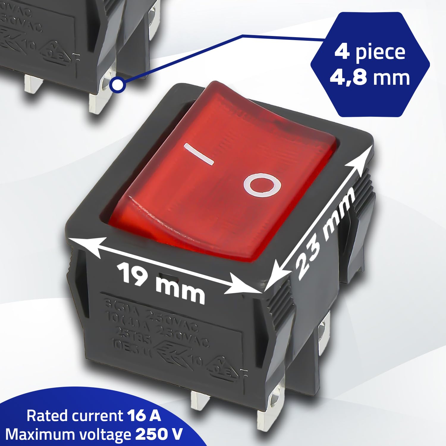 Double Pole Switch Red Luminous 250V 6A 19 x 23 mm with 4 Faston da 4,8 mm - Warranty 10 Years - MONTERAL - Image 2