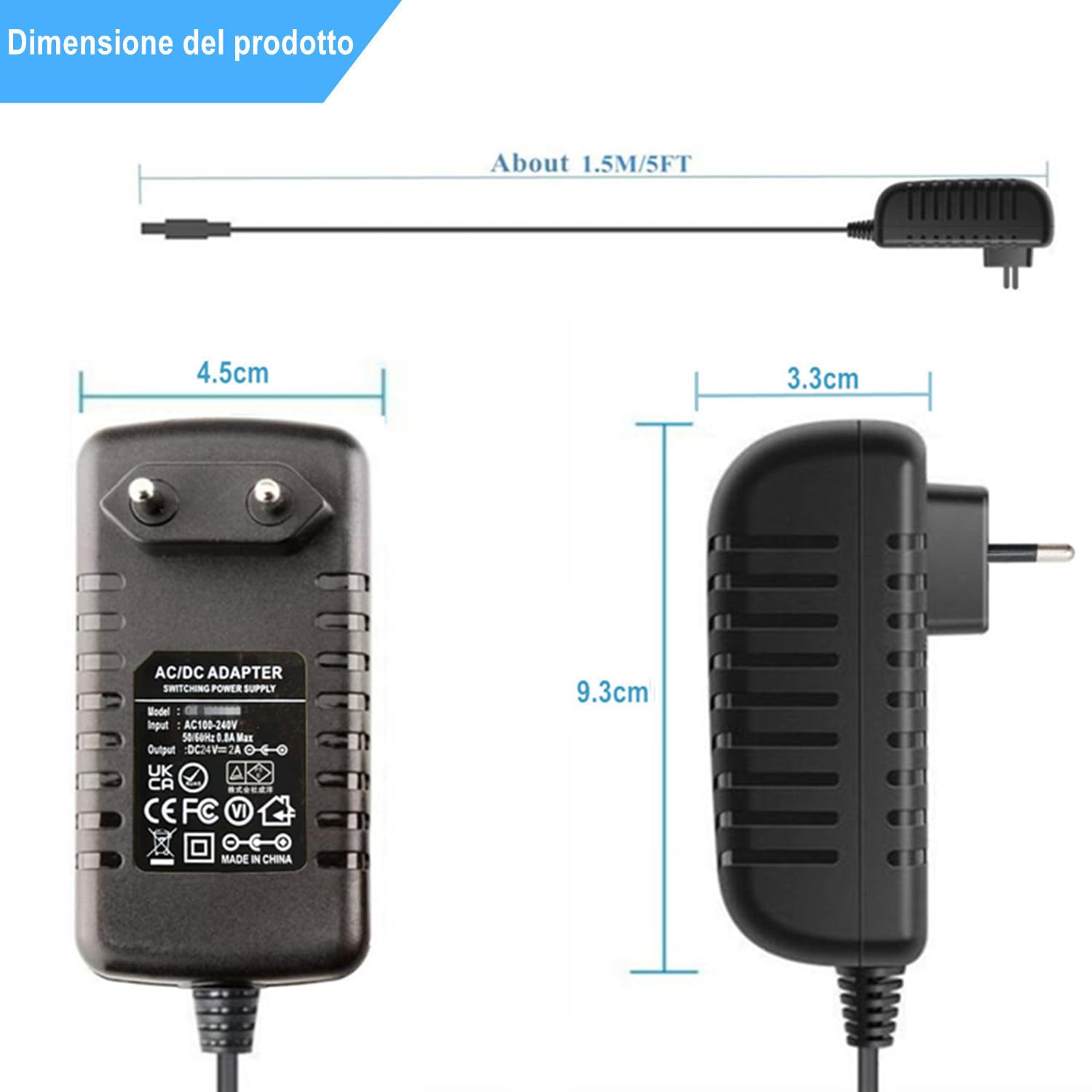 Alimentatore DC 24V 2A con 11 connettori DC a punta, convertitore AC a DC 24V 2Amp 1.5A 1A, trasformatore per strisce LED, luci, fotocamere, PC, display, monitor, altoparlanti, dispositivi 24V