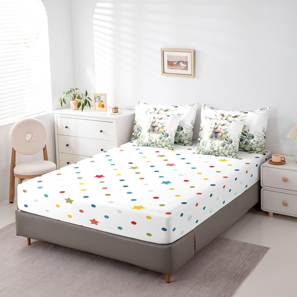 Erosebridal Kawaii Rhino Full Comforter Set 7 Pieces for Boys Girls Cartoon Animal Bedding Comforter Sets, Eucalyptus Leaves Bed in a Bag Woodland Wildlife Bedding Set, Botanical Bed Sheets Set