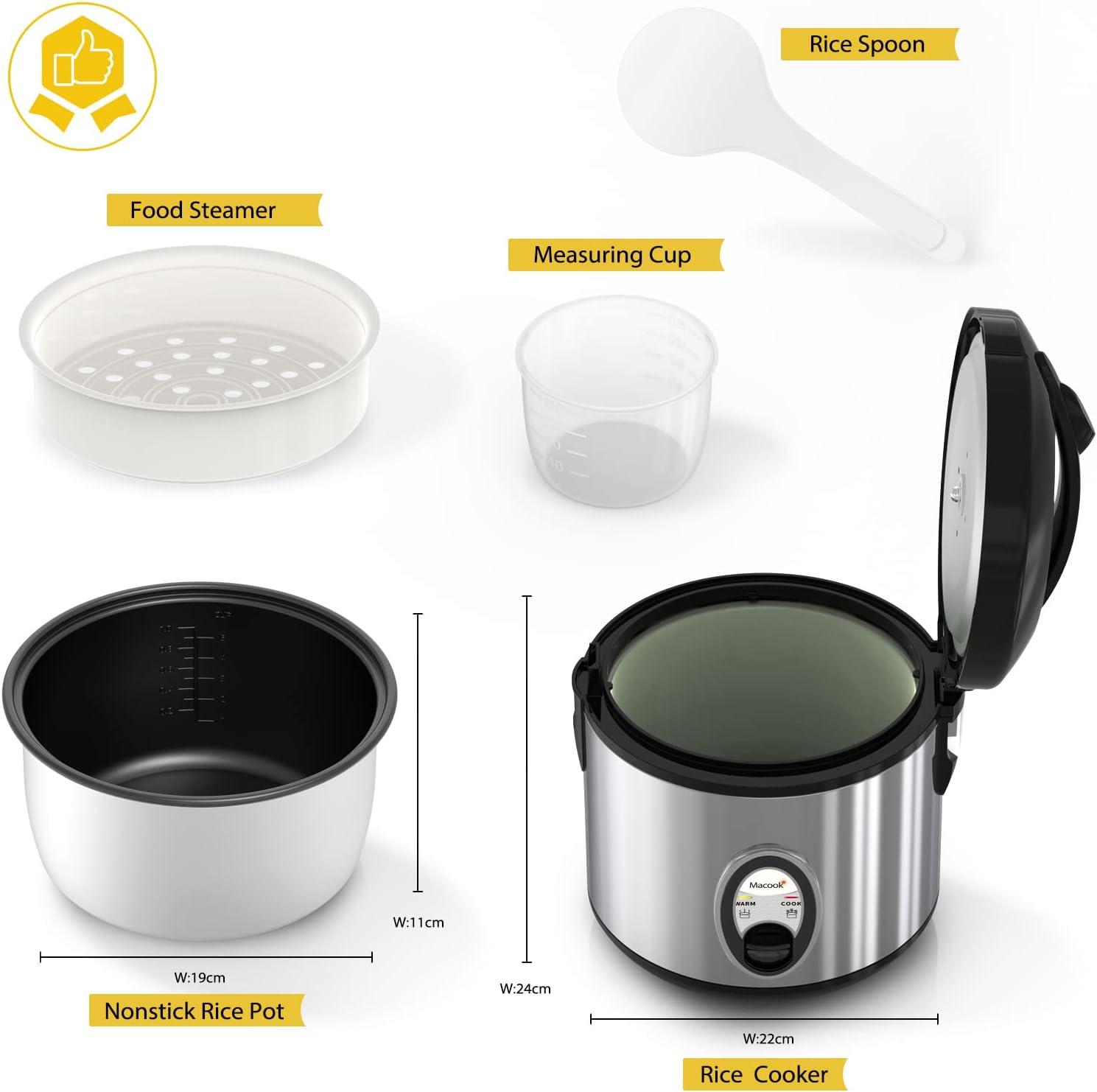 Diagram showing all included components: rice cooker, inner pot, steamer, measuring cup, and rice spoon.