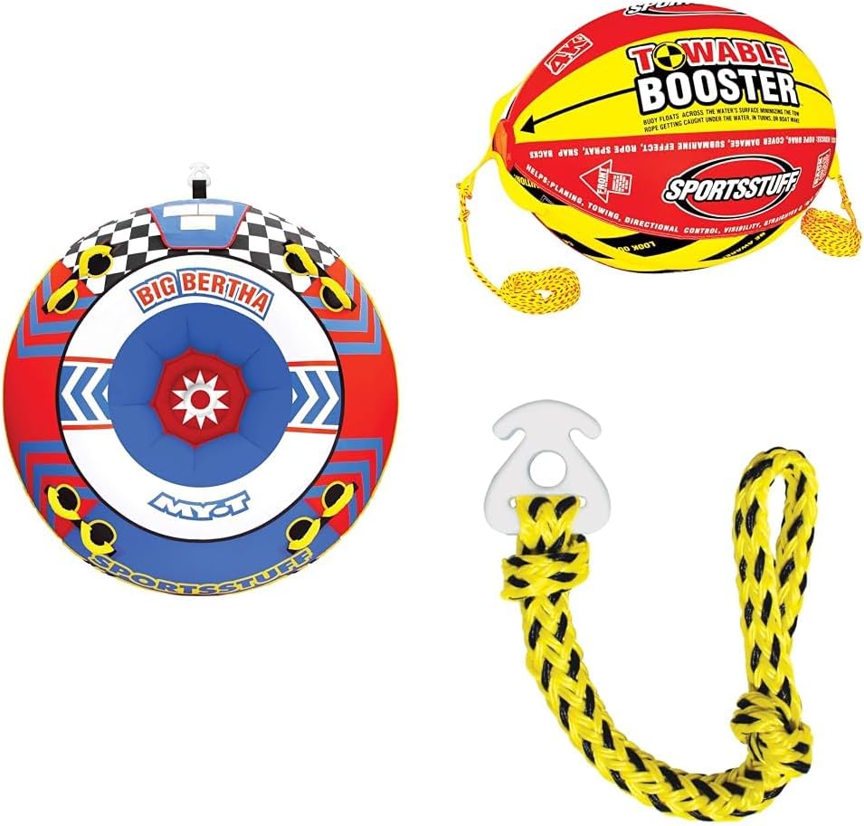 SportsStuff Big Bertha 1-4 Rider Towable Tube Bundle with Booster Ball 60 ft Rope & Airhead Kwik-Connect 6,000lb Break Strength