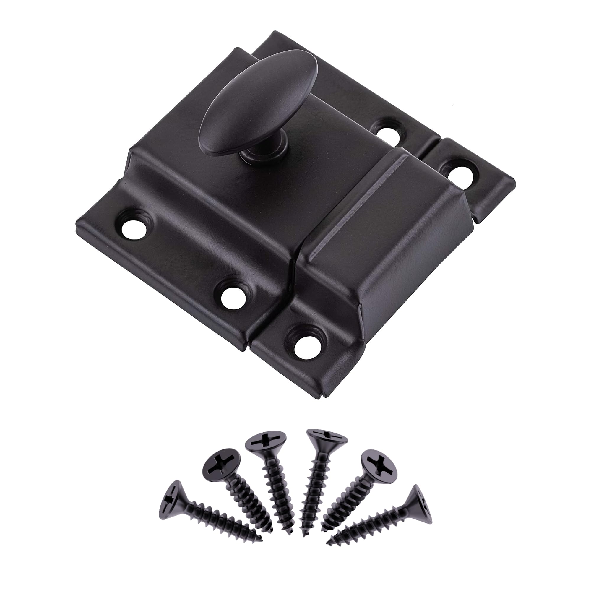 Small Stamped Oil Rubbed Bronze Cabinet Door Latch - 1 7/8" × 1 7/8" - Spring Loaded Cupboard Door Latch with Oval Turn - Vintage Cabinet Hardware |