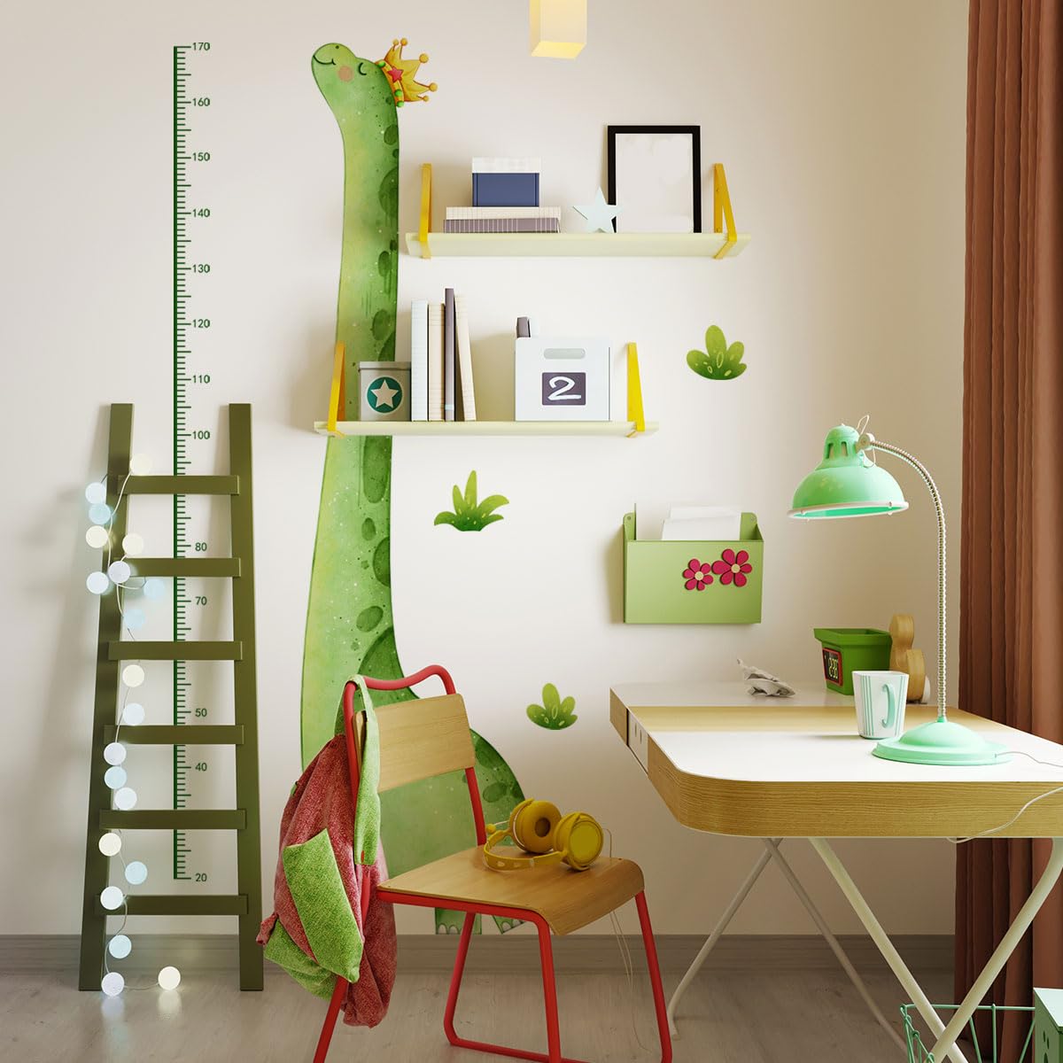 Calcomanía de pared con gráfico de crecimiento para niños, calcomanías de pared de dinosaurios verdes, tabla de altura extraíble para habitación de guardería (dinosaurio verde)