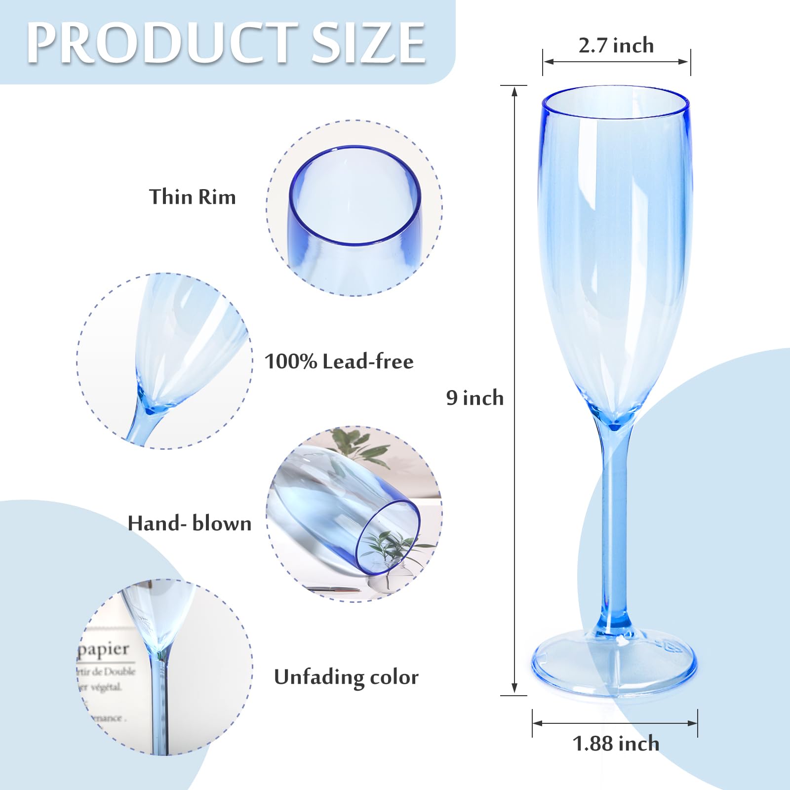XUWAIDSGN 24 copas de champán de plástico a granel, copas de champán vintage, copas de bar de mimosa, vasos de 153.1 g para Navidad, cumpleaños, boda, novia (24, azul transparente)